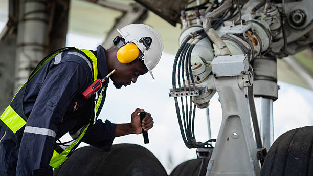 Aircraft maintenance engineer inspecting airplane engine with safety equipment and tools, aviation mechanic ensuring aircraft repair, safety check, and technical engineering service.