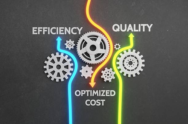 Conceptual illustration showcasing gears and neon paths symbolizing the balance of efficiency, quality, and optimized cost. Clean, modern visuals highlight industrial performance, business process improvement, and strategic planning. Perfect for use in corporate presentations, management consulting, engineering, and operational excellence materials.
